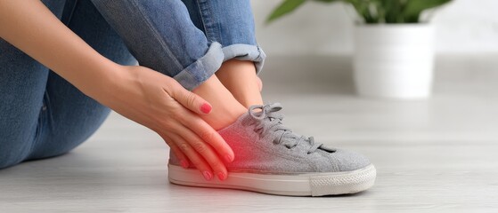 Woman in sneakers holds sore ankle at home.