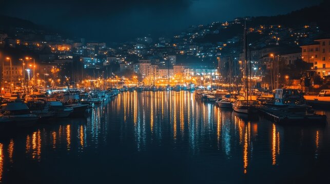 Spectacular night view of a harbor with yachts and city lights reflecting on water - Powered by Adobe