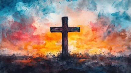 Sunrise Cross: Watercolor Easter Artwork Symbolizing Joyful Resurrection Celebration