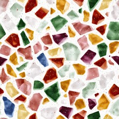 Seamless terrazzo tile pattern with multicolored glass pieces in polished resin