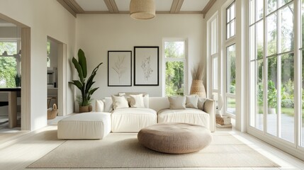 Fototapeta premium Bright and airy living room featuring a modern sofa, natural light, and minimalist decor