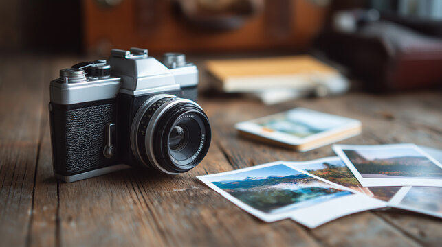 Vintage camera, travel photographs, and a suitcase on a wooden table, evoking memories and wanderlust.
- Powered by Adobe