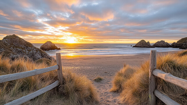 Golden sunset over sandy beach with rocky formations and grass