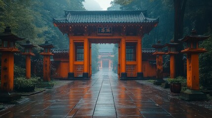 Ornate gate leads toward a shrouded temple; lanterns line the path in a verdant setting