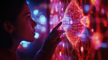 Innovation interface exploration with future technology concept in vibrant red and blue tones showcasing network interaction