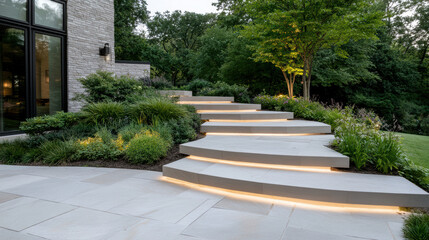 Obraz premium Modern stone steps winding through lush greenery and illuminated by soft lighting create serene