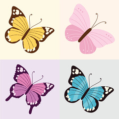 Set of colorful butterflies yellow, pink, purple and blue insect animal icon illustration