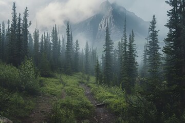 Obraz premium Forest landscape with evergreen trees and mountain view