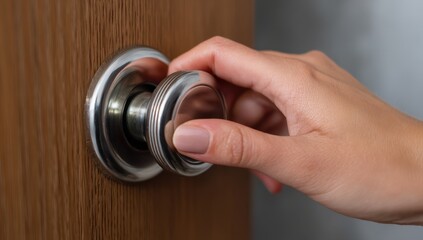 Close-up of a hand turning a door knob.