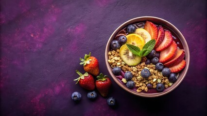 A?a? bowl on a dark purple surface with fresh fruit and granola , bowl, acai