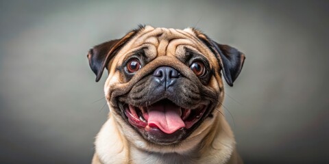 A pug with its tongue out, looking happy and playful in a fun