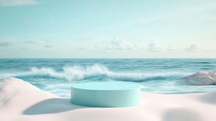 Serene Coastal Platform: Minimalist Beach Scene with Turquoise Podium