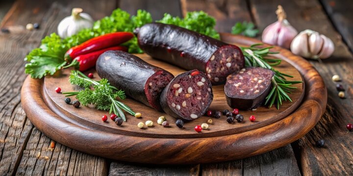 Richly colored black pudding on a rustic wooden plate with herbs and spices, rich, savory,  rich, savory, food