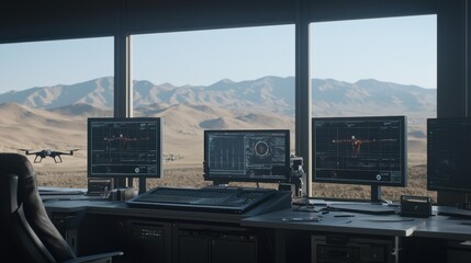 Advanced Reconnaissance Station Overlooking a Desert Landscape with High-Tech Displays