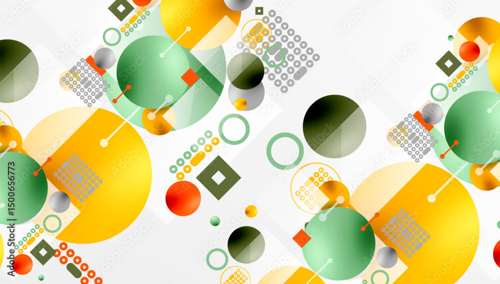 Poster Abstract geometric shapes overlap, creating vibrant colorful pattern. Circles, squares, lines form dynamic composition.