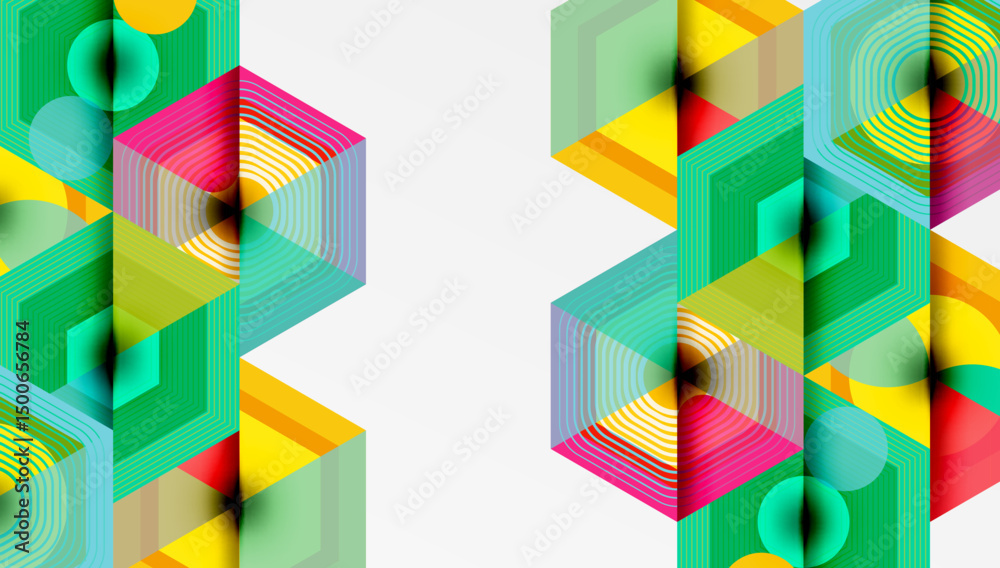 Poster abstract geometric shapes, vibrant colors, layered design. cubes, circles create dynamic visual comp
