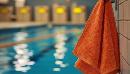 Orange Towel Hanging at the Indoor Swimming Pool