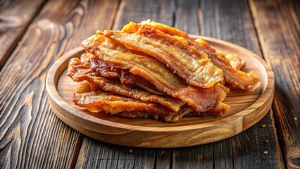 Crispy golden brown deep fried sun-dried pork on a wooden plate , meat, dish,  meat
