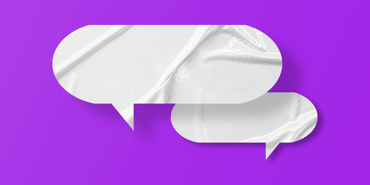 White speech bubble crumpled paper isolated on purple background