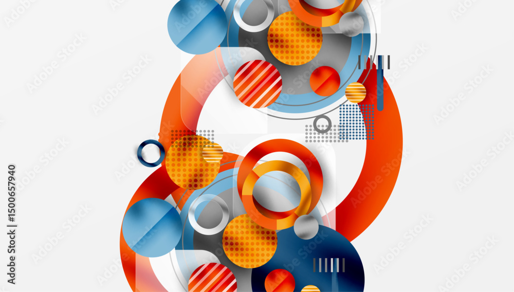 Aufkleber Abstract geometric design. Circles, squares overlap creating dynamic composition. Orange, blue, gray dominate visual space. Modern aesthetic.