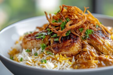 Delicious Plate of Spiced Rice with Tender Chicken and Crispy Onions