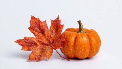 Orange pumpkin and autumn leaf on a white background.