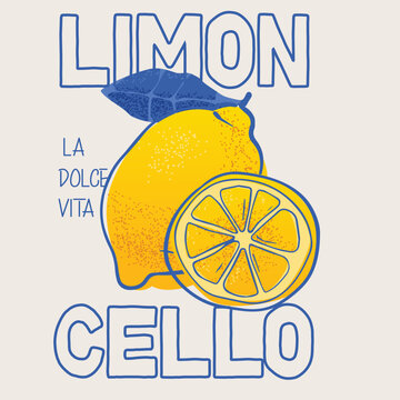 Naklejki Lemons Poster in Mediterranean style. Lemon Cello. Lemonade art. Nature fruit club print design. Organic food artwork for for t-shirt. Fruit vintage t-shirt design. 