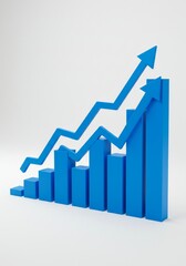 3D Illustration of Blue Growth Chart with Arrows Rising on White Background