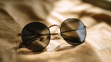 Round sunglasses with dark lenses rest on beige fabric, illuminated by sunlight creating soft shadows, suggesting summer, relaxation, and fashion
