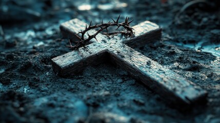 Rugged wooden cross with crown of thorns resting on the ground