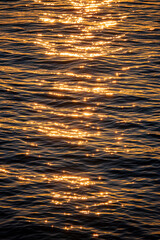 Golden sunlight shimmers on calm ocean waves at dusk, inviting tranquility and awe