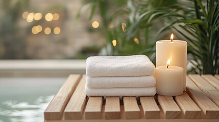 Soft towels and candles create serene spa atmosphere with warm lighting