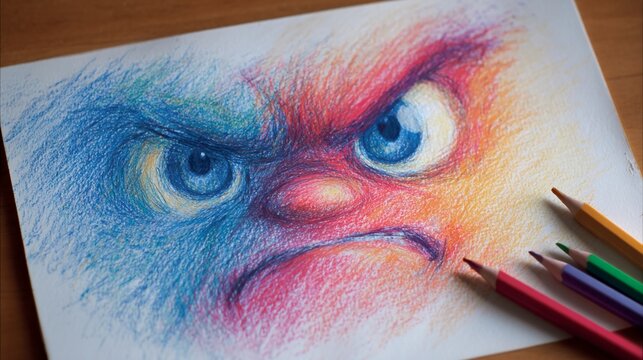 Color pencil drawing of a dual-faced creature, one side blue, the other red, both with angry expressions, showcasing contrasting emotions
