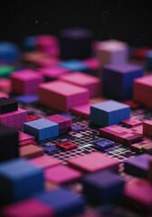 3D Render of Colorful Cubes in a Pixelated Geometric Composition