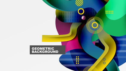Abstract design features vibrant shapes, flowing lines, bold colors. Modern geometric background perfect for digital projects.