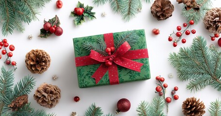 Festive gift box with holiday greenery and decorations.