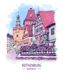 Architecture illustration. An urban colorful sketch of Rothenburg ob der Tauber, Bavaria, Germany. Medieval building, old town. Freehand digital drawing. Hand drawn travel postcard. Watercolor. Vector