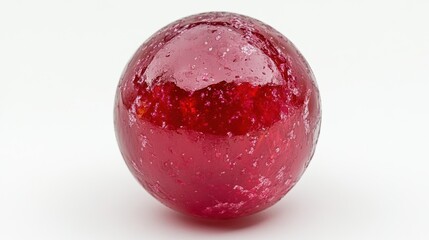 Translucent red sphere a captivating macro close up presenting vibrant crimson colors with intriguing light and texture against a plain white backdrop