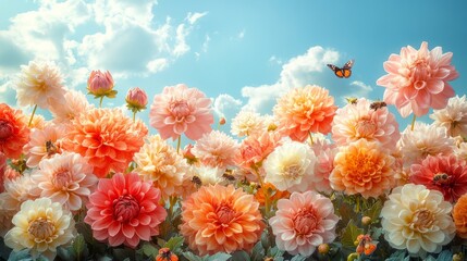 Fototapeta premium Color-splashed floral bed of dahlias in full bloom, with bees and butterflies, framed by blue skies