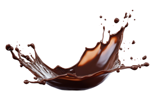 A chocolate splash with droplets on a black background creating an abstract shape in the center view