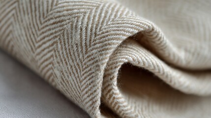 Close-up of beige fabric with herringbone pattern, showing texture and folds.  Illustrates textile quality and design, ideal for showcasing fabrics or fashion.
