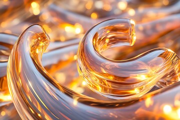 Mesmerizing golden liquid tendrils elegantly curling and twisting with a radiant shimmer, creating an ethereal and abstract glowing fluid dynamic composition for luxury and science visuals