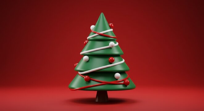 3D Illustration of Christmas Tree with Red and White Decorations on Red Background