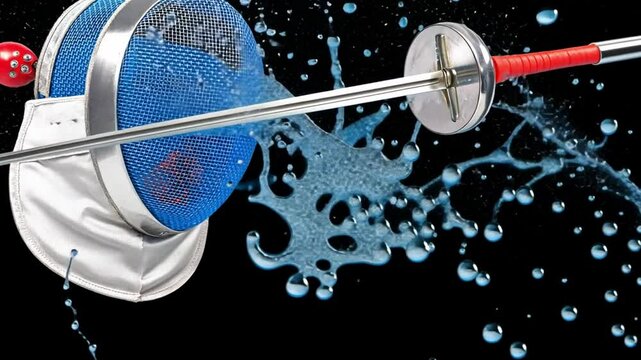 Fencing Equipment in Motion with Water Splash, Epee Sword, Mask, and Red Ball on Blue Background