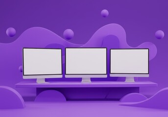 3D Illustration of Purple Computers Screens on Abstract Background