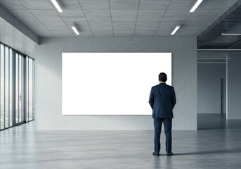 Fototapeta premium A Photo of a Businessman Standing In Front Of A Blank White Board In A Modern Office