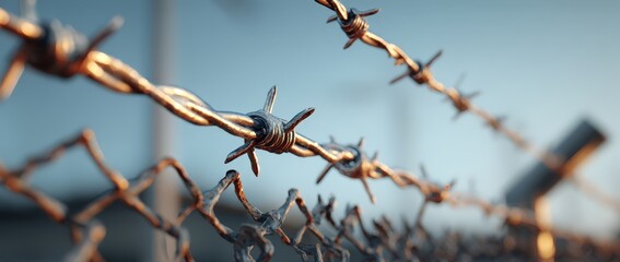 Close-up of rusty barbed wire fence at sunrise.
