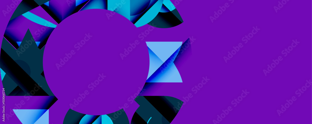 Poster abstract geometric shapes surround purple circle. blue, teal hues create dynamic composition. modern