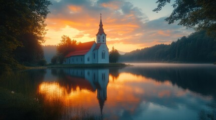 Fototapeta premium Tranquil Sunset: Church by Lake Reflecting Beauty in Serene Nature