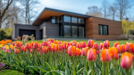Front yard bursting with colorful tulips in spring, modern house softly blurred in the background, natural copy space